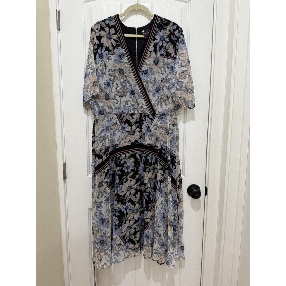 Maison Tara Sz 16 Beautiful Bell Sleeve Midi Dress Tea Garden Flirty Blue Black